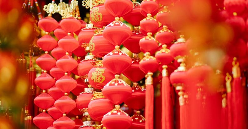 Feng Shui - Red and golden Asian decorations hanging in local market